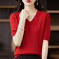 Women Sweater Short Sleeve V-neck Stripe Knitwears Slim Fit Shirt Pullovers Thin Knit Tops