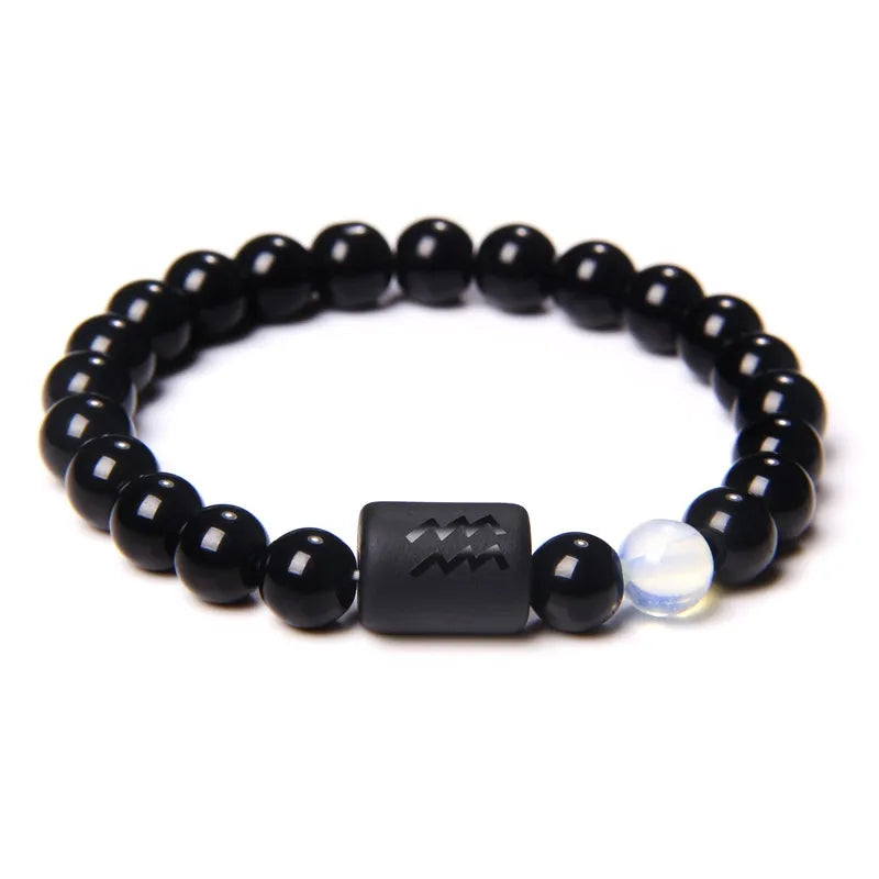 12 Constellation Zodiac Signs Beads Couples Bracelet Natural Black Onyx Stone Elastic Charm Bracelet