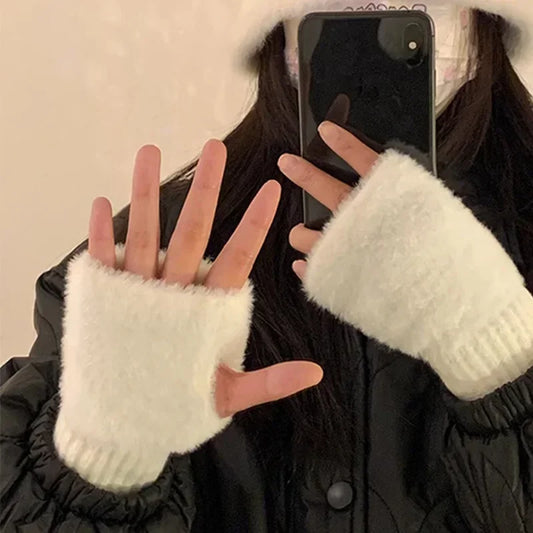 Mink Fleece Soft Winter Half Finger Gloves Women Warm Luxury Solid White Plush Knitted Fingerless Glove Wrist Mittens Writting