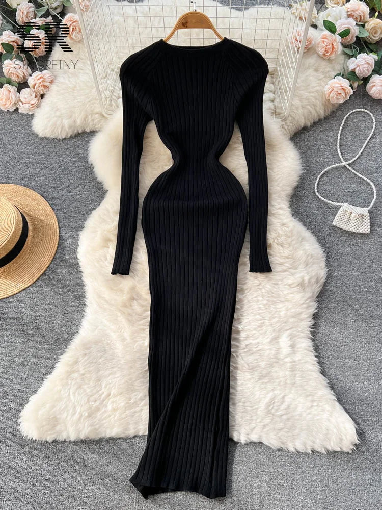 Women Knit Maxi Dress O Neck Autumn Long Sleeve Slim Solid Harajuku Ladies Fashion Pencil Sweater Long Dresses