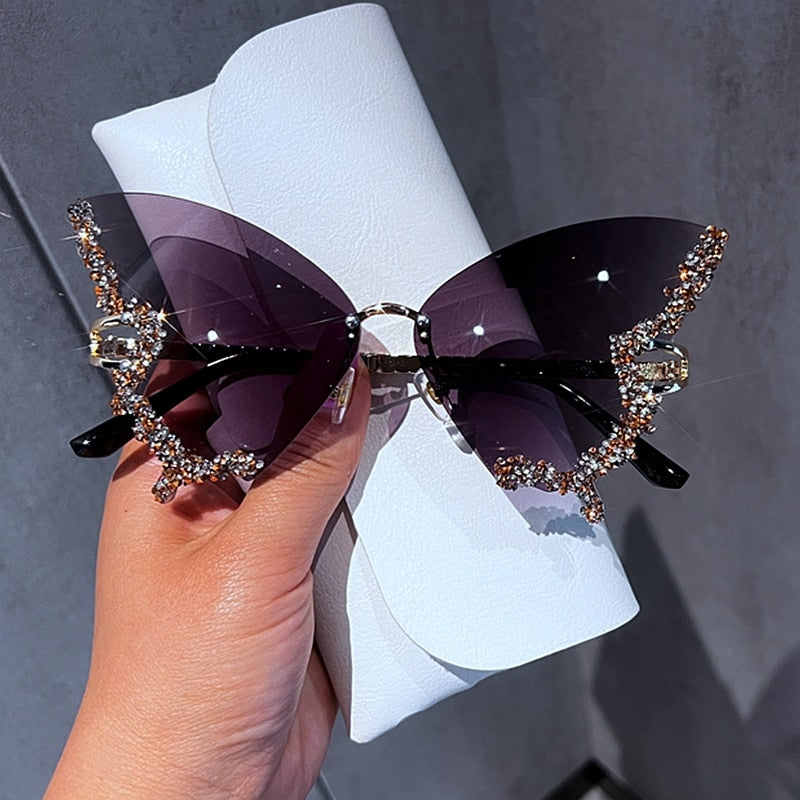 Luxury Diamond Butterfly Sunglasses Women Vintage Rimless Oversized Sun Glasses Ladies Eyewear