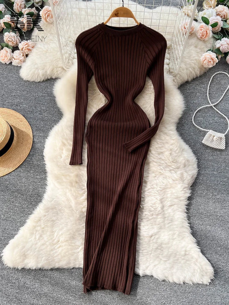 Women Knit Maxi Dress O Neck Autumn Long Sleeve Slim Solid Harajuku Ladies Fashion Pencil Sweater Long Dresses