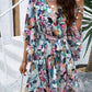 Half Sleeve Flower Print Elegant V-neck Casual A-Line Knee-Length High Waist Dress