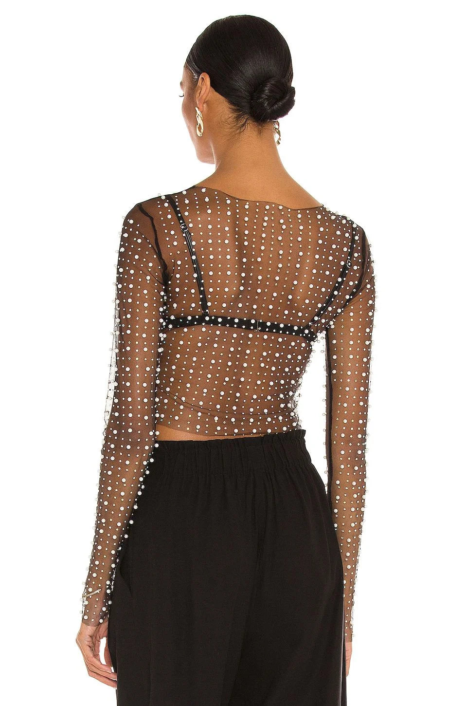 Women's Carnival Style Pearls Beaded Rhinestone Detail Sheer Mesh Crop Clubwear Cover Up Top Without Bra