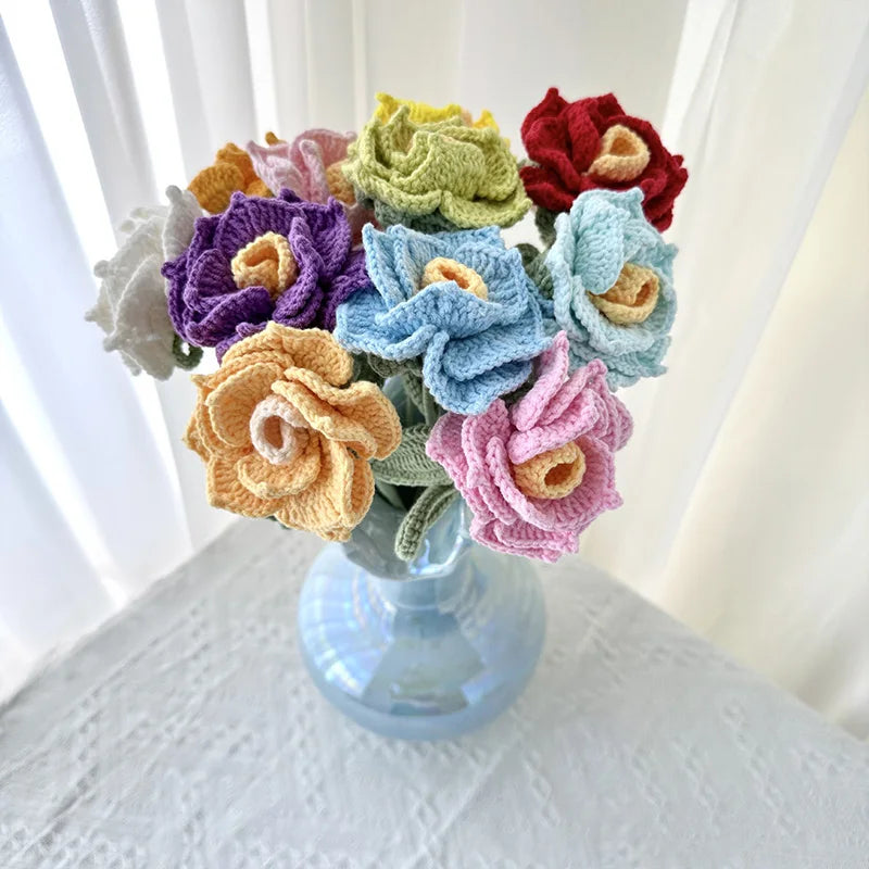 Creative Artificial Wool Flower Handmade Crochet Knitted Rose Woven Flower Arrangement Vase Accessories Table Decoration