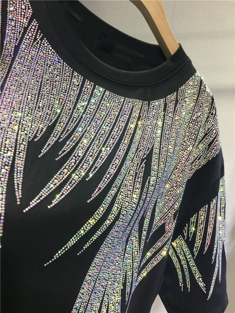 Rhinestone Graphic T-shirts Luxury Large Size Tunic for Women Men Summer Cotton Womens Clothing Chubby