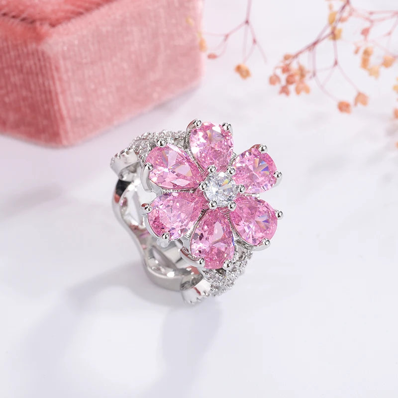 Exquisite Colorful Zircon Ring Pink Flowers Engagement Ring Jewelry Peach Blossom Ring