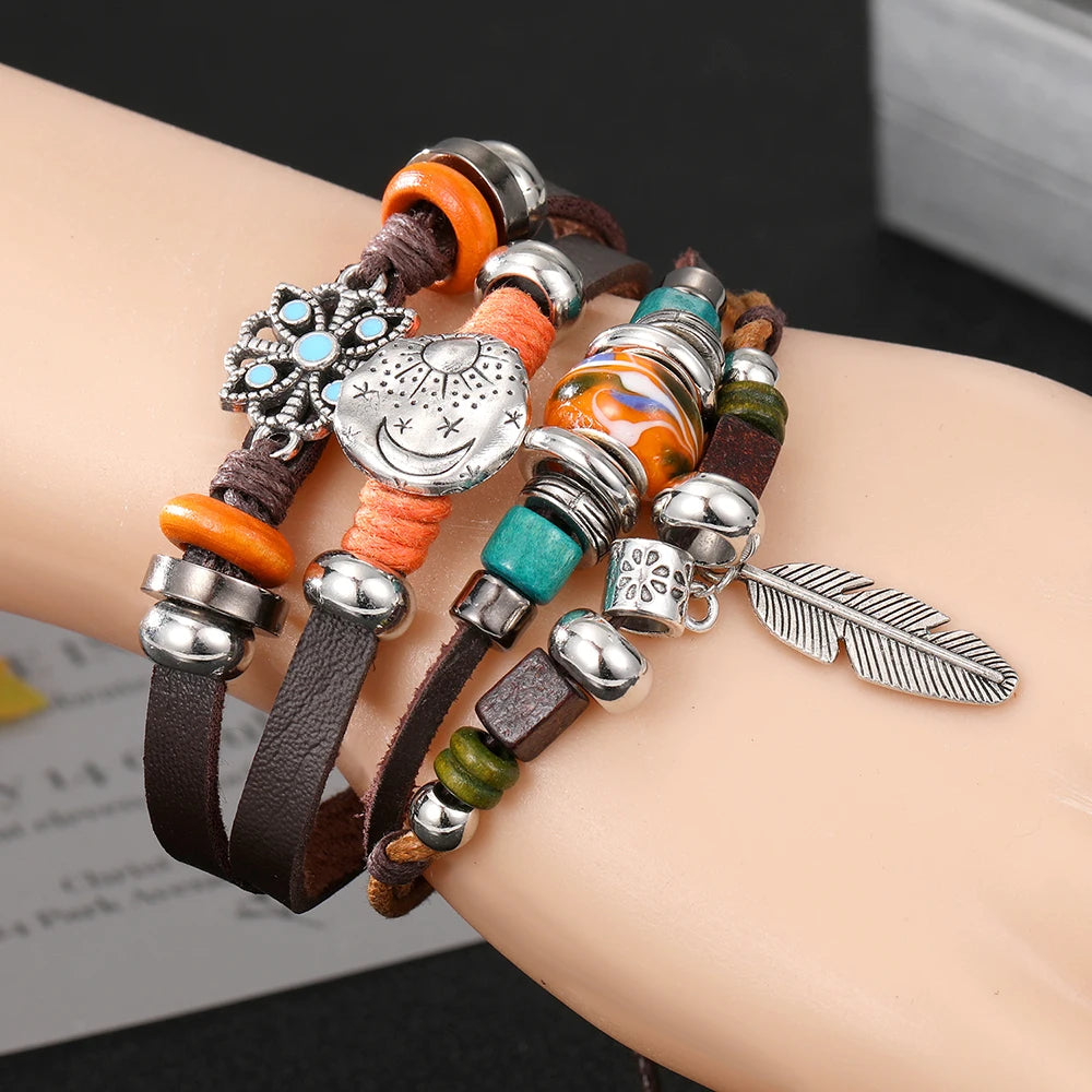 Vinatge Gothic Punk Moon Star Metal Multilayer Leather Bracelet Leaf Bracelets & Bangles Arm Sun Jewelry