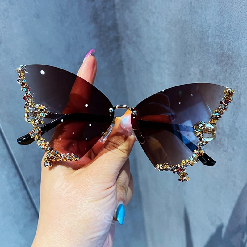 Luxury Diamond Butterfly Sunglasses Women Vintage Rimless Oversized Sun Glasses Ladies Eyewear