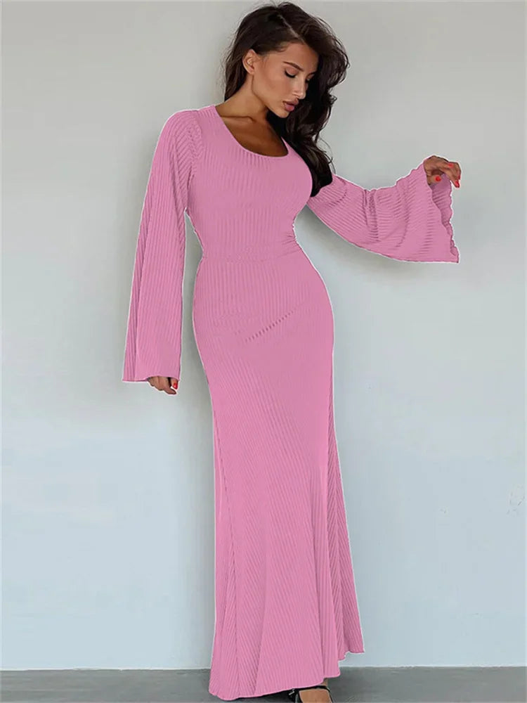 Scoop Neck Lace-Up Ribbed Maxi Dress Female Long Sleeve Fashion Slim Loose Bandage Dress