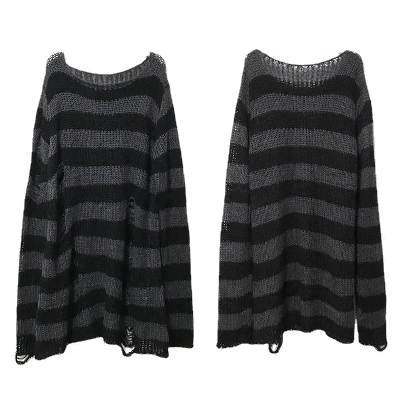 Punk Gothic Long Unisex Sweater Summer Women Striped Cool Hollow Out Hole Broken Jumper Loose Rock Thin Dark Streetwear Top