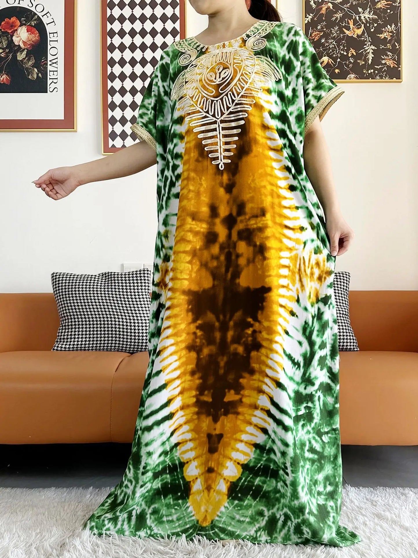 African Women Dashiki 100% Cotton Floral Dress Printed Tie-dry Short Sleeve Maxi Loose African Elegant Dresses