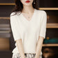 Women Sweater Short Sleeve V-neck Stripe Knitwears Slim Fit Shirt Pullovers Thin Knit Tops