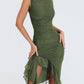 Elegant Ruffle Ruched Midi Dress For Women Robe Summer Backless Sleeveless Irregular Club Party Sexy Dress