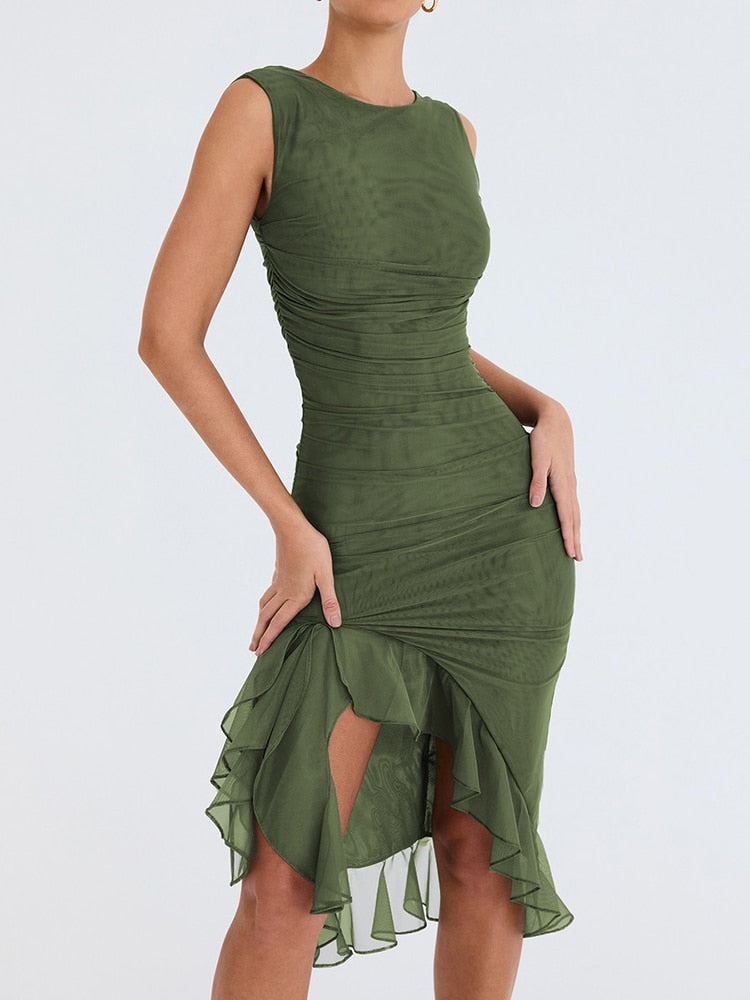 Elegant Ruffle Ruched Midi Dress For Women Robe Summer Backless Sleeveless Irregular Club Party Sexy Dress