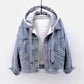 Blue Deconstructable Hooded Turn-down Collar Denim Jacket Women Loose Button Patchwork Outwear Jean Coat