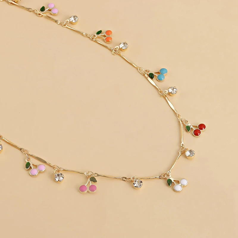 Colorful Dripping Cherry Zircon Pendant Necklace Sexy Short Beach Chokers Clavicle Chain