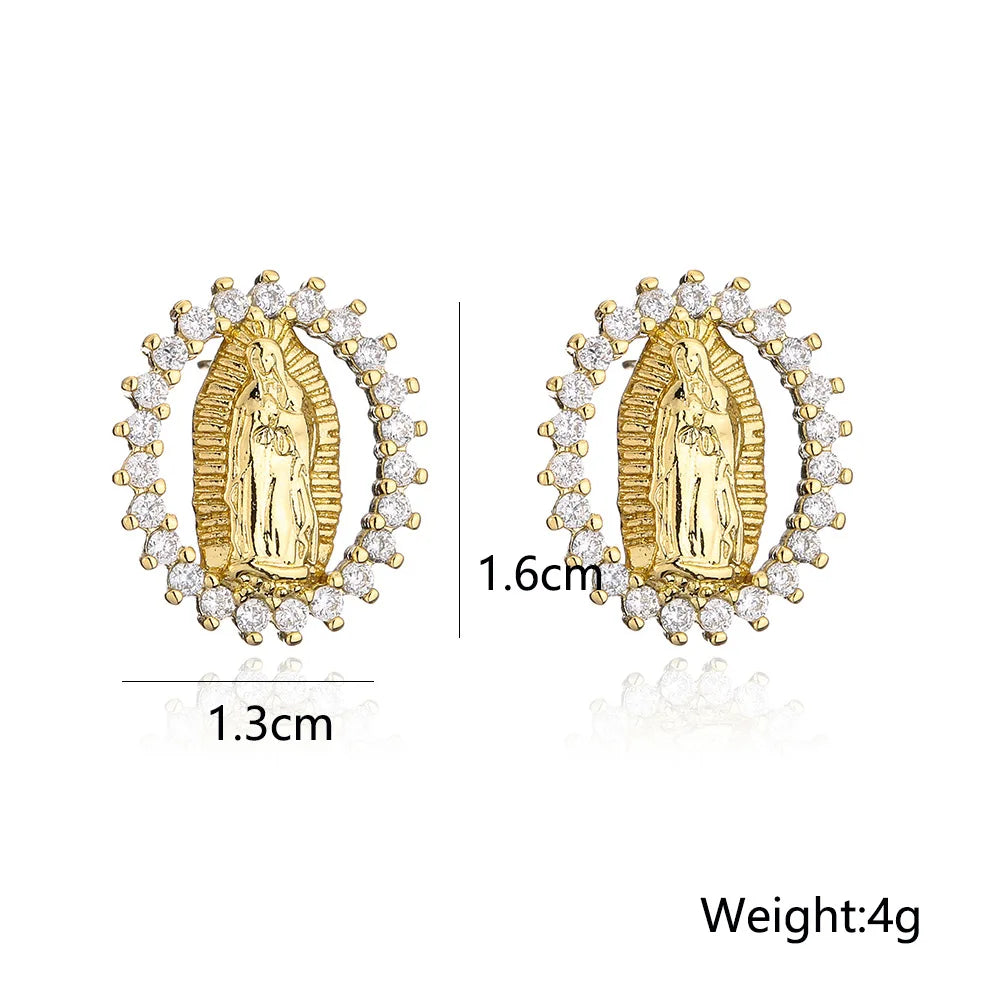 Gold Color Religious Women Stud Earrings, Virgin Mary Pendant Earrings With   CZ Stone,Elegant Jewelry