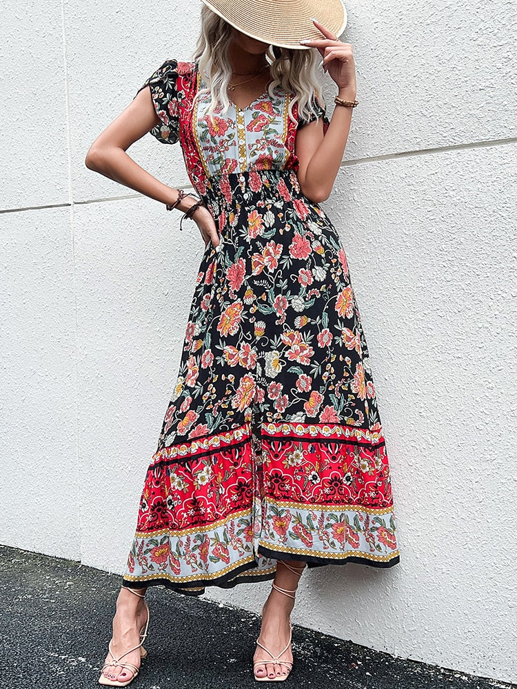 Vintage Floral Boho Printed Vestidos Women Short Sleeves V Neck Slit Midi Dresses A Line Bohemian Summer Beach Dress