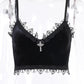 Velvet Y2K Mall Goth Crop Tops Black Lace Trim Emo Alternative Aesthetic Crop Tops