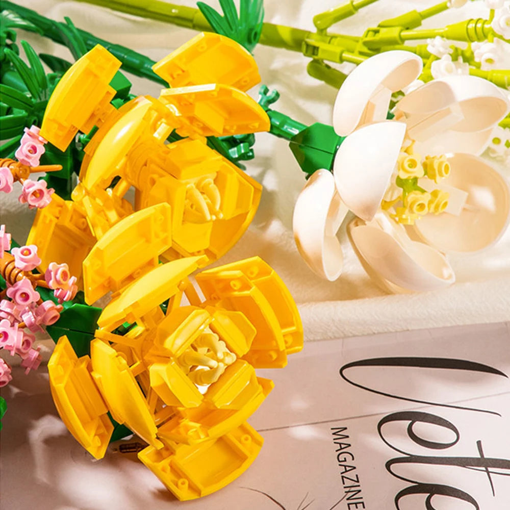 Flower Bouquet 3D Model Toy Mini Build Blocks for Girl Plant Potted Assemble Brick Decoration