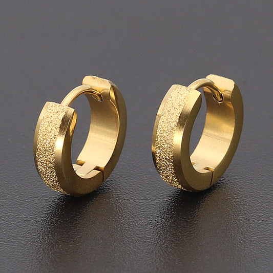 Titanium steel stainless steel gold matte men's black ear buck round earrings sand