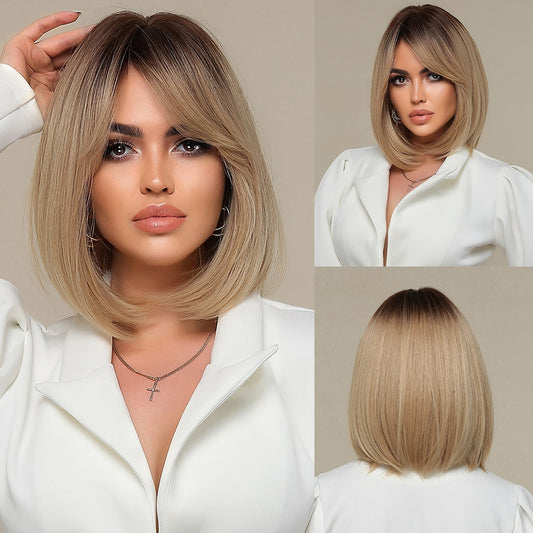 Ombre Blonde Synthetic Wigs Short Bob Wig  with Bangs Body Lolita Natural Hair Heat Resistant