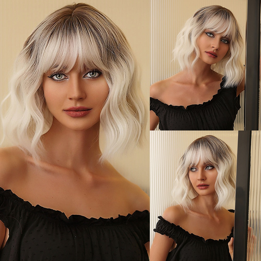 Ombre Brown Blonde Synthetic Wigs Short Wavy Bob Wig  with Bangs Body Lolita Natural Hair Heat Resistant