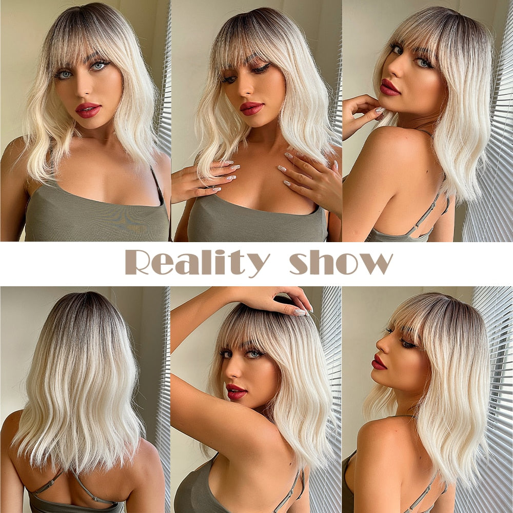 Ombre Brown Blonde Synthetic Wigs Short Wavy Bob Wig  with Bangs Body Lolita Natural Hair Heat Resistant