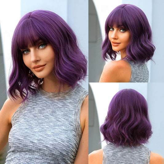 Purple Synthetic Wigs Short Wavy Bob Wig  with Bangs Body Lolita Natural Hair Heat Resistant