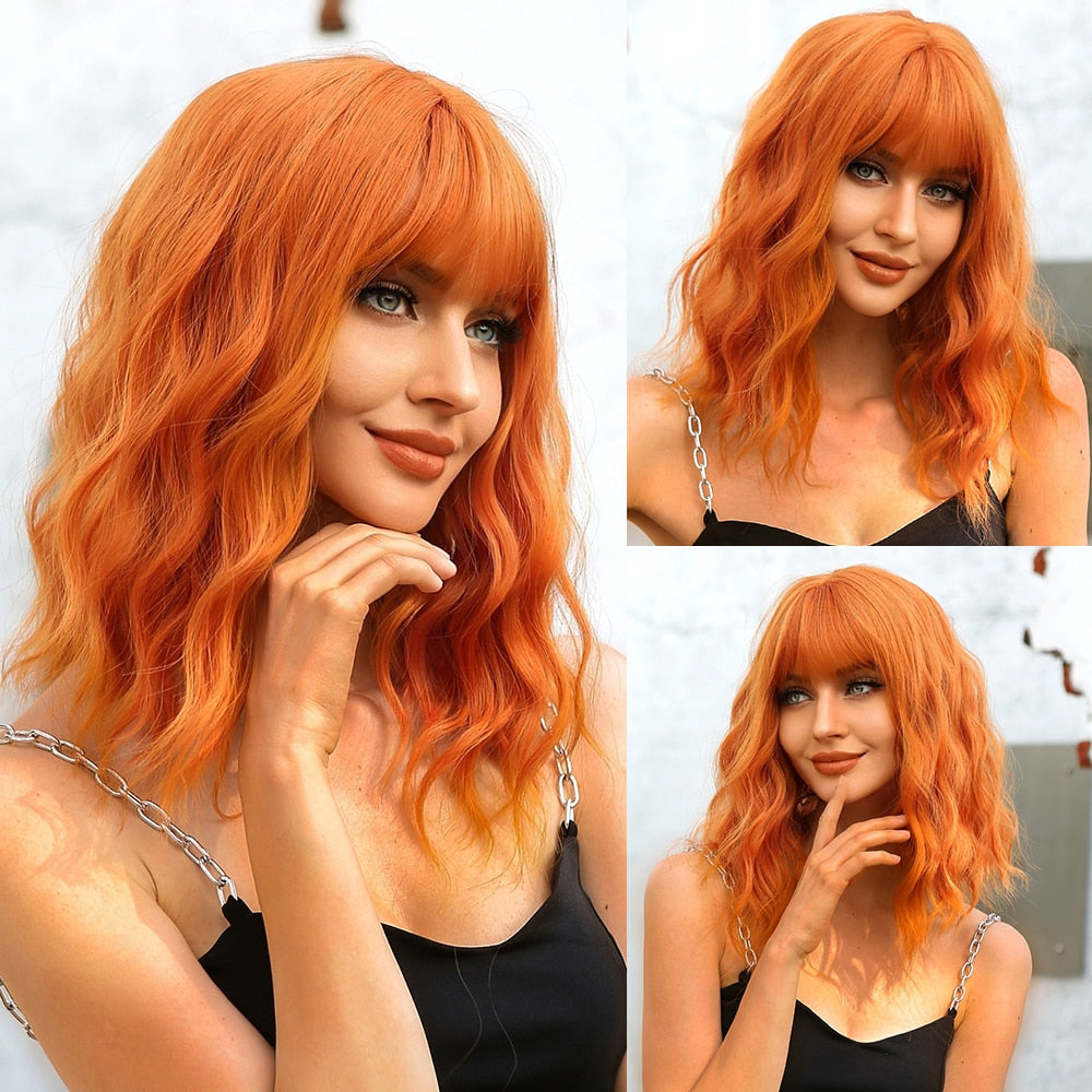 Orange Red Synthetic Wigs Short Wavy Bob Wig  with Bangs Body Lolita Natural Hair Heat Resistant