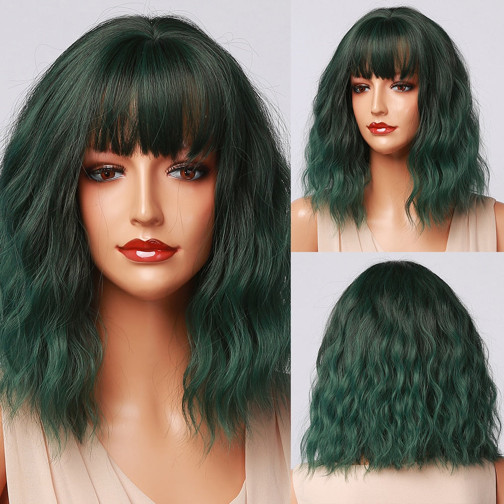 Ombre Green Brown Synthetic Wigs Short Wavy Bob Wig  with Bangs Body Lolita Natural Hair Heat Resistant