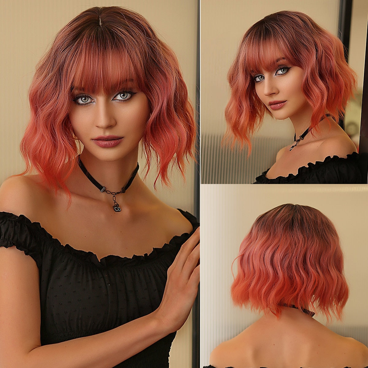 Ombre Brown Red Synthetic Wigs Short Wavy Bob Wig  with Bangs Body Lolita Natural Hair Heat Resistant