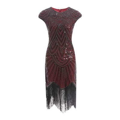 Vintage Flapper Great Gatsby Dress O-Neck Cap Sleeve Sequin Fringe Party Midi Dress