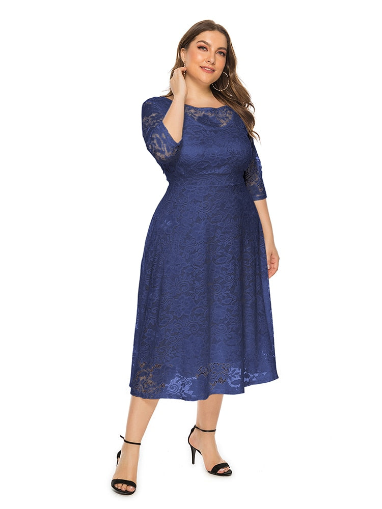 Plus Size Lace Evening Dress A-line Tea-length Dress with Pockets for Party