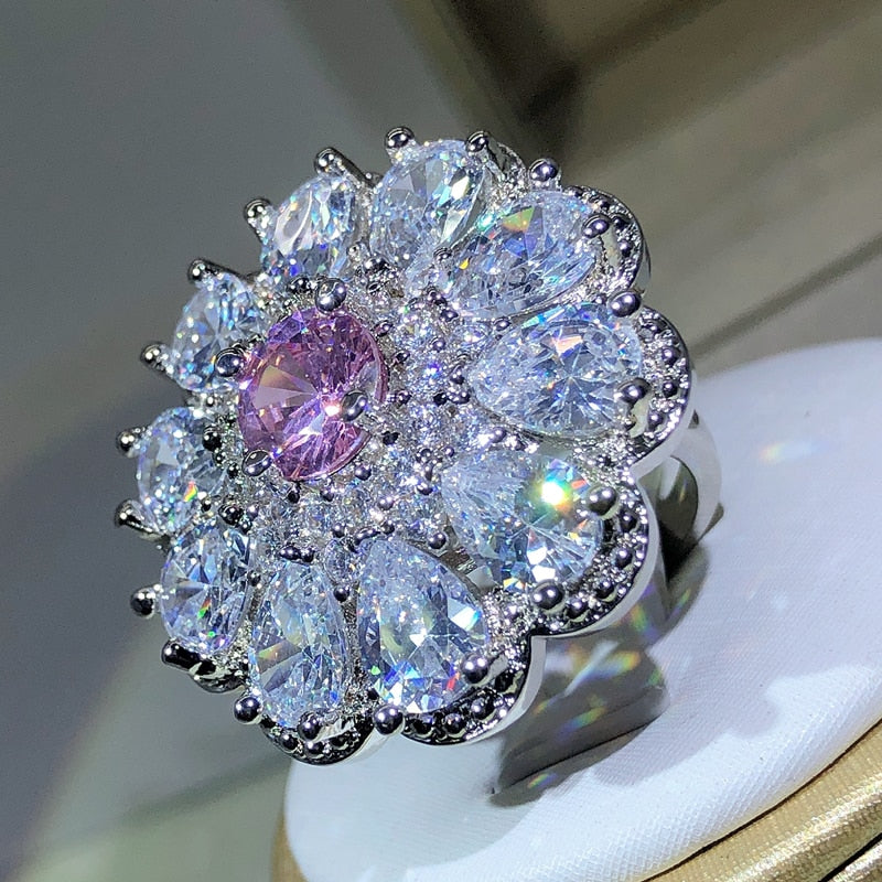 925 Silver Trendy Luxury Jewelry Ladies Shiny White Zirconia Crystal Flower Ring