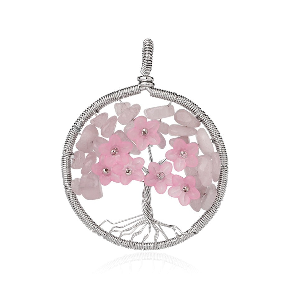 Tree of Life Pendant Necklace Natural Stone Quartz Crystal Chip Bead Flower Reiki Jewelry