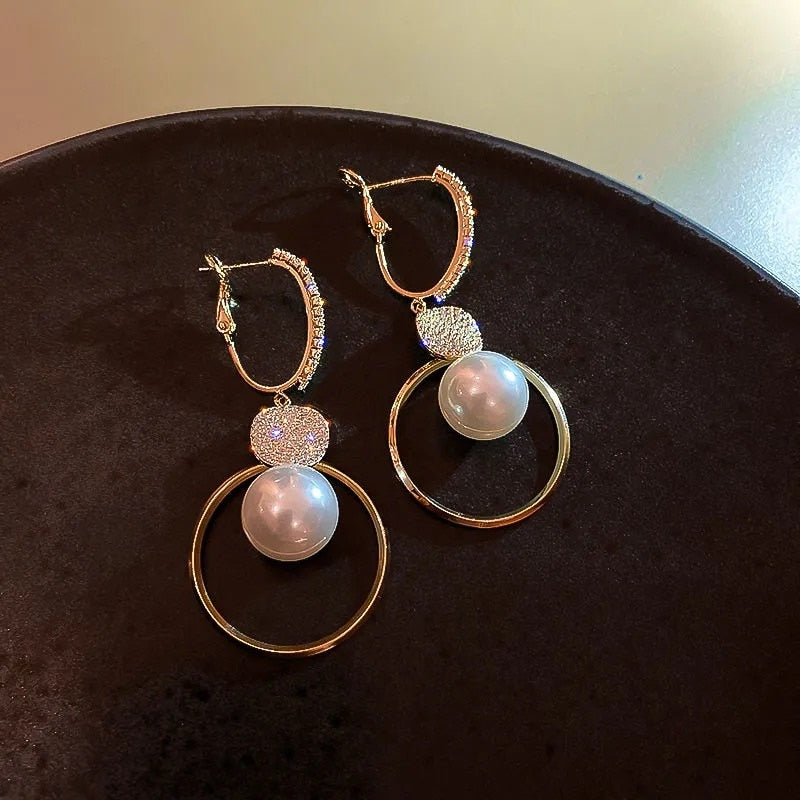 White Pearl Drop Earrings Bohemian Golden Round Zircon Earrings Jewelry