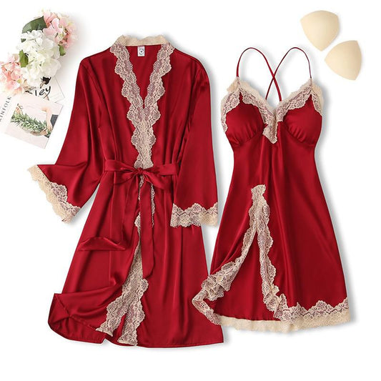 Lace Trim Sexy Robe Suit Loose Satin Kimono Bathrobe Gown Mini Sleepwear Rayon Intimate Lingerie