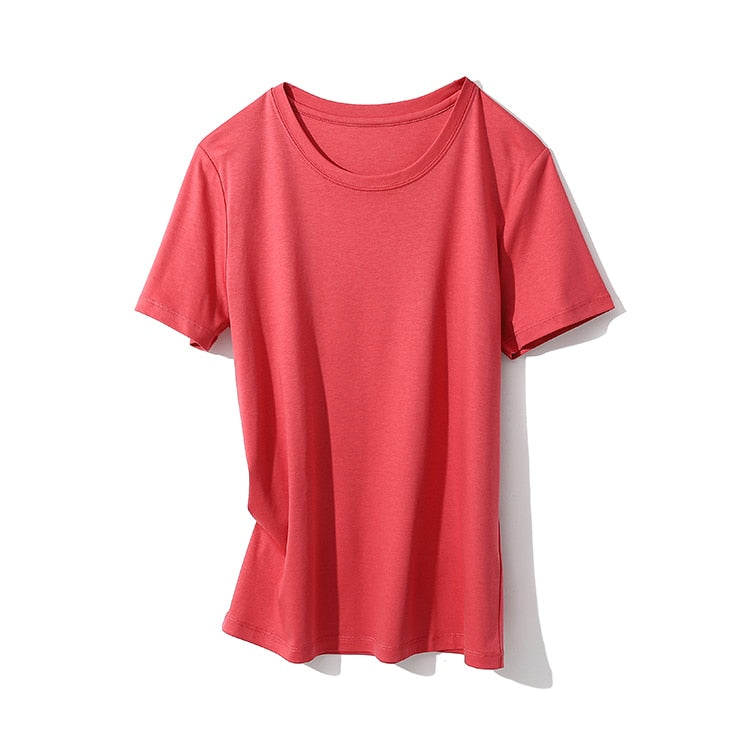 Solid T shirts Silk Cotton Blend Plain O neck Short Sleeved Tee