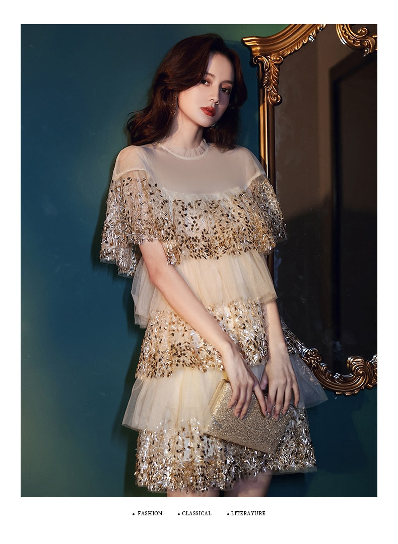 Elegant Women Party Shiny Sequin Embroidery Dress Ladies Ruffles Pleated Tulle Dress See Through Gauze Layered Dress