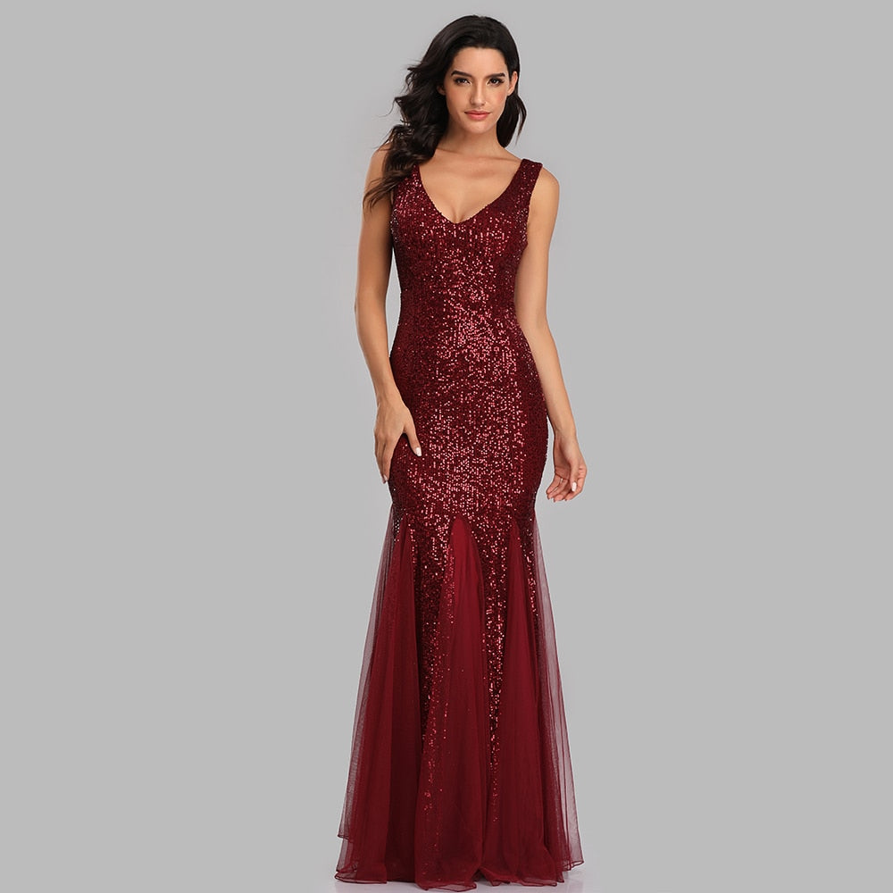 Plus Size V Neck Mermaid Burgundy Dress