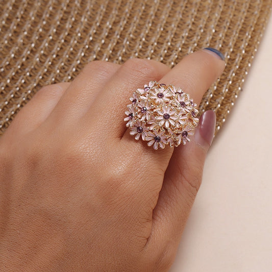 Romantic Pink Flower Rings Bohemian Rhinestone Statement Ring Adjustable