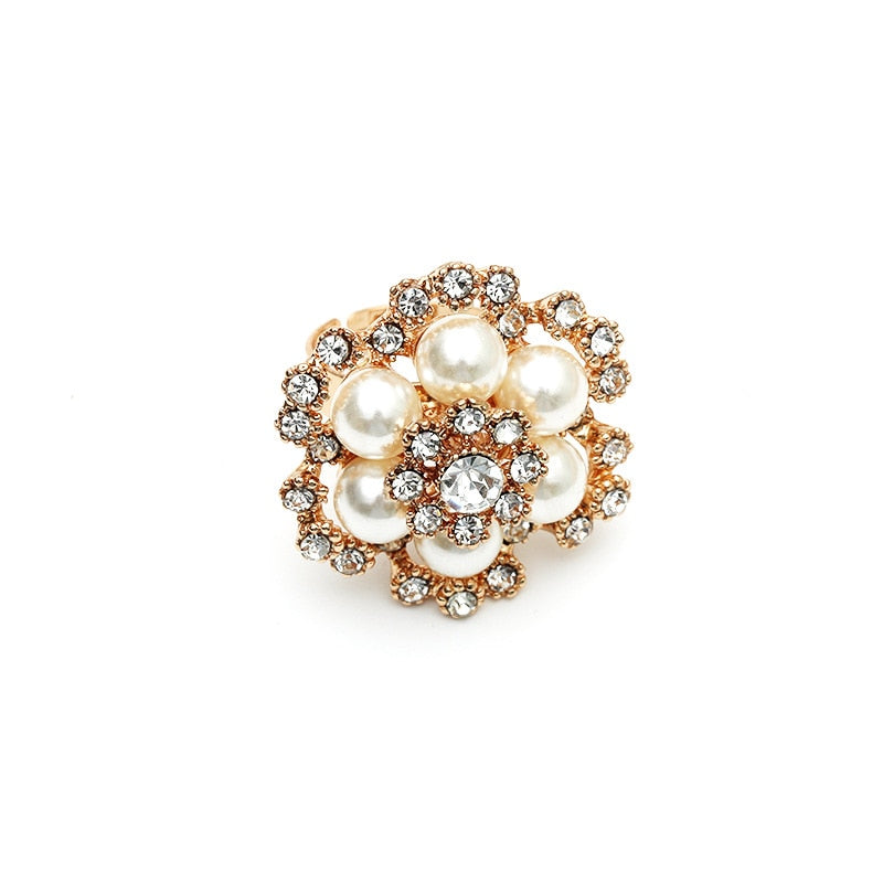 Luxury Pearl Stone Big Flower Joint Ring Kpop Gold Color Alloy Temperament Flower Ring adjustable