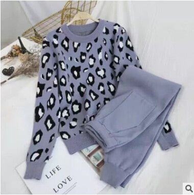 Women's Long Sleeve Knit Leopard Pullover Sweaters+Elastic Waist Pants Sets Fashion Trousers Two Pieces