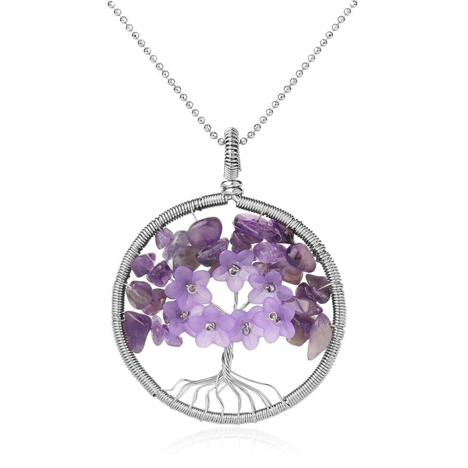 Tree of Life Pendant Necklace Natural Stone Quartz Crystal Chip Bead Flower Reiki Jewelry