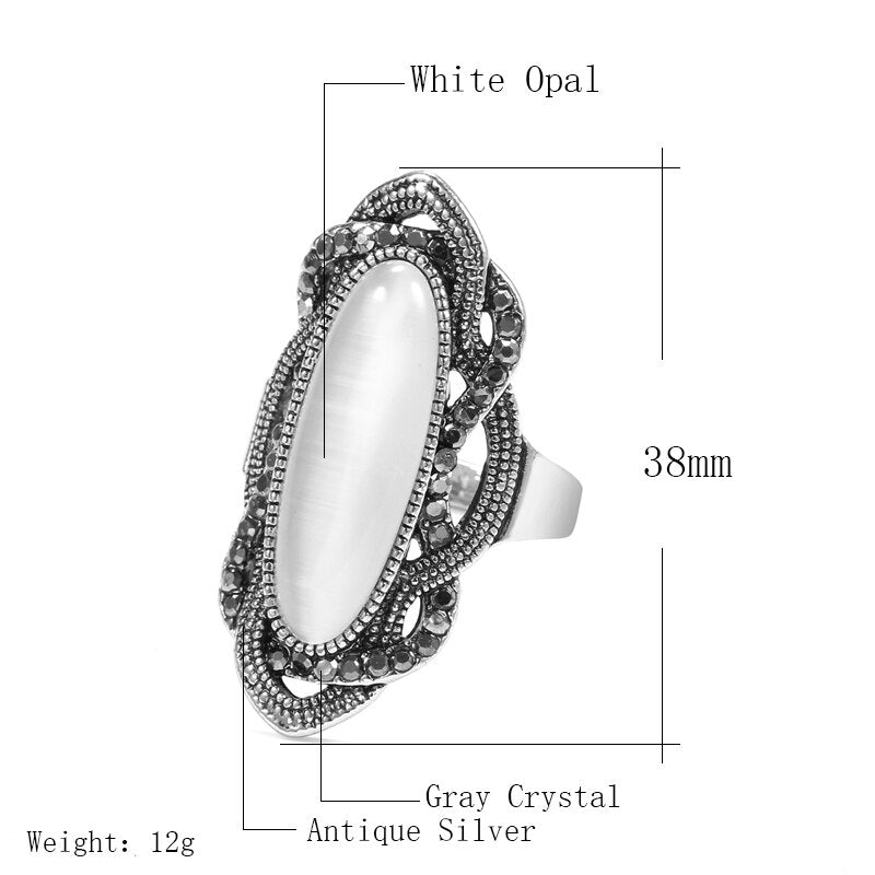 Bohemian Style White Opal Ring Big Oval Silver Plated Mosaic AAA Gray Crystal Rings Vintage Jewelry