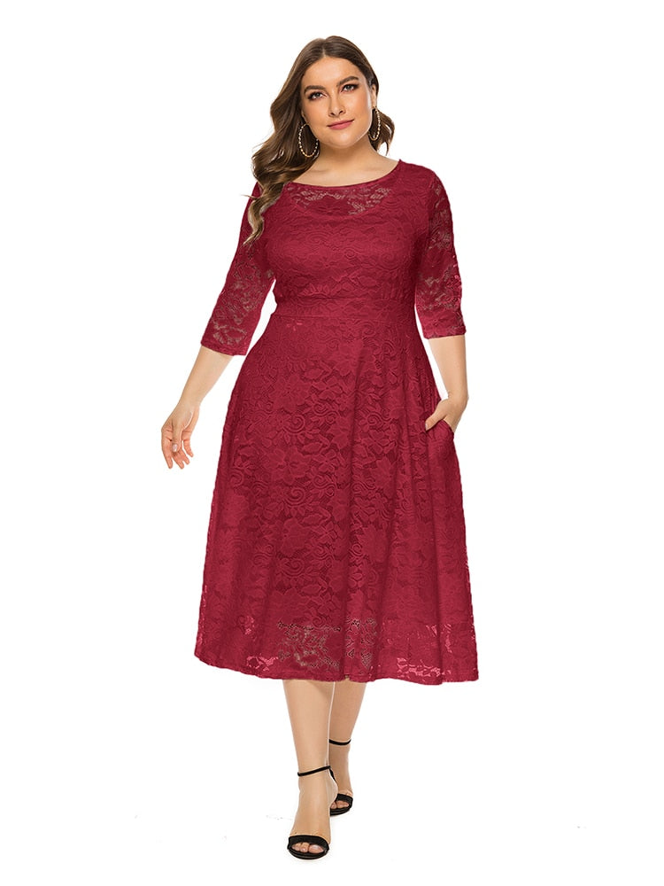 Plus Size Lace Evening Dress A-line Tea-length Dress with Pockets for Party