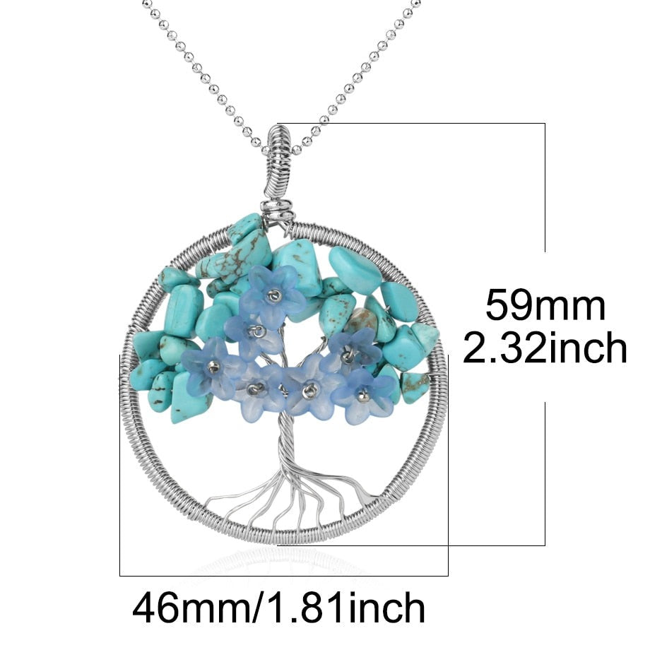 Tree of Life Pendant Necklace Natural Stone Quartz Crystal Chip Bead Flower Reiki Jewelry