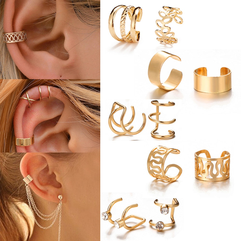 Gold Leaves Ear Cuff Black Non-Piercing Ear Clip Earrings Fake Cartilage Earring